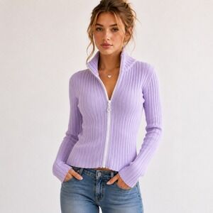 Charlotte Tarantola Y2K Rib Knit Zip Cardigan Sweater Lavender L Rhinestone VTG